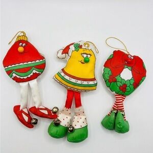 VTG 80s Christmas Plush Ornaments & Magnets Jingle Bell Legs